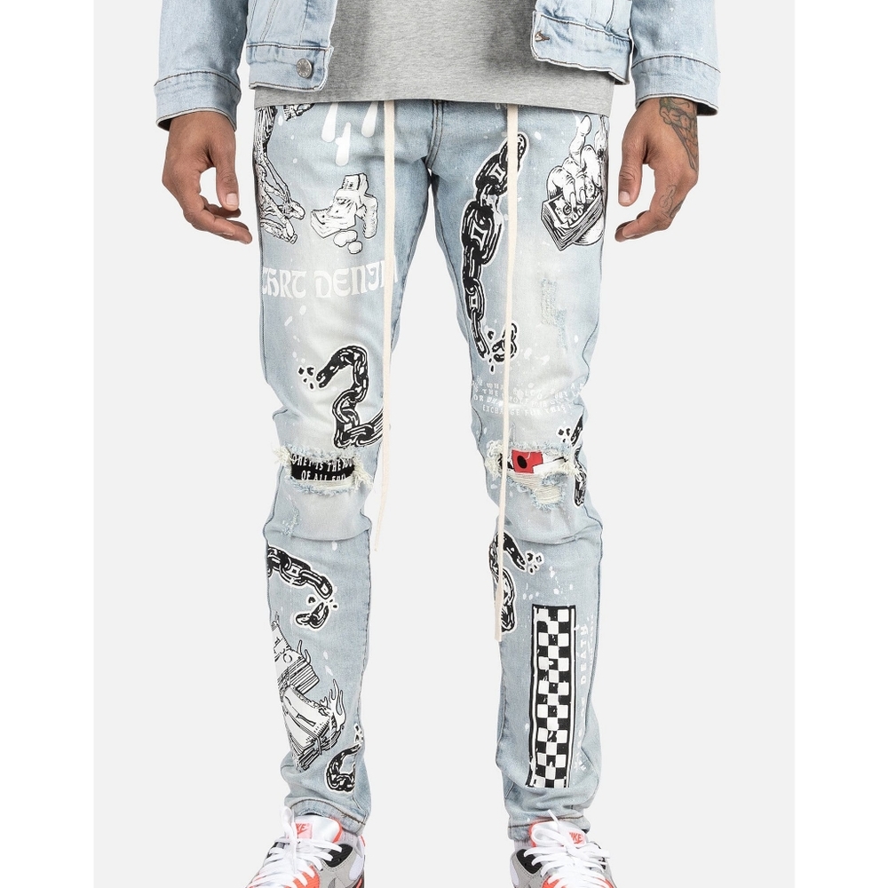 THRT Crypto Denim Jeans Tattoo Skeleton Money Art Size 32